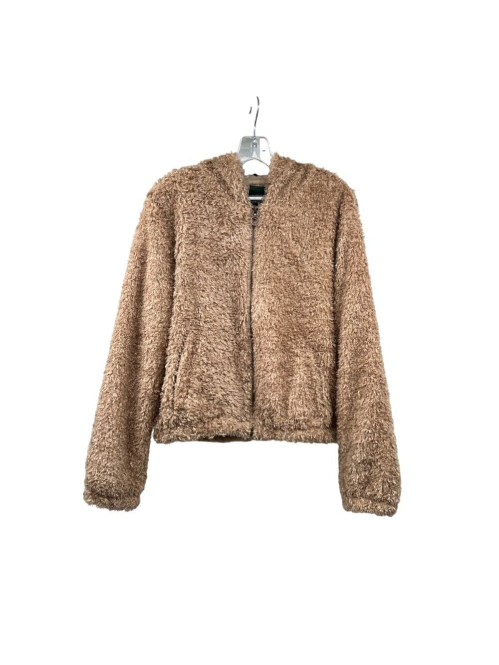Wild Fable Womens Fuzzy Cropped Coat Hooded Full Zip Tan Medium Pockets
